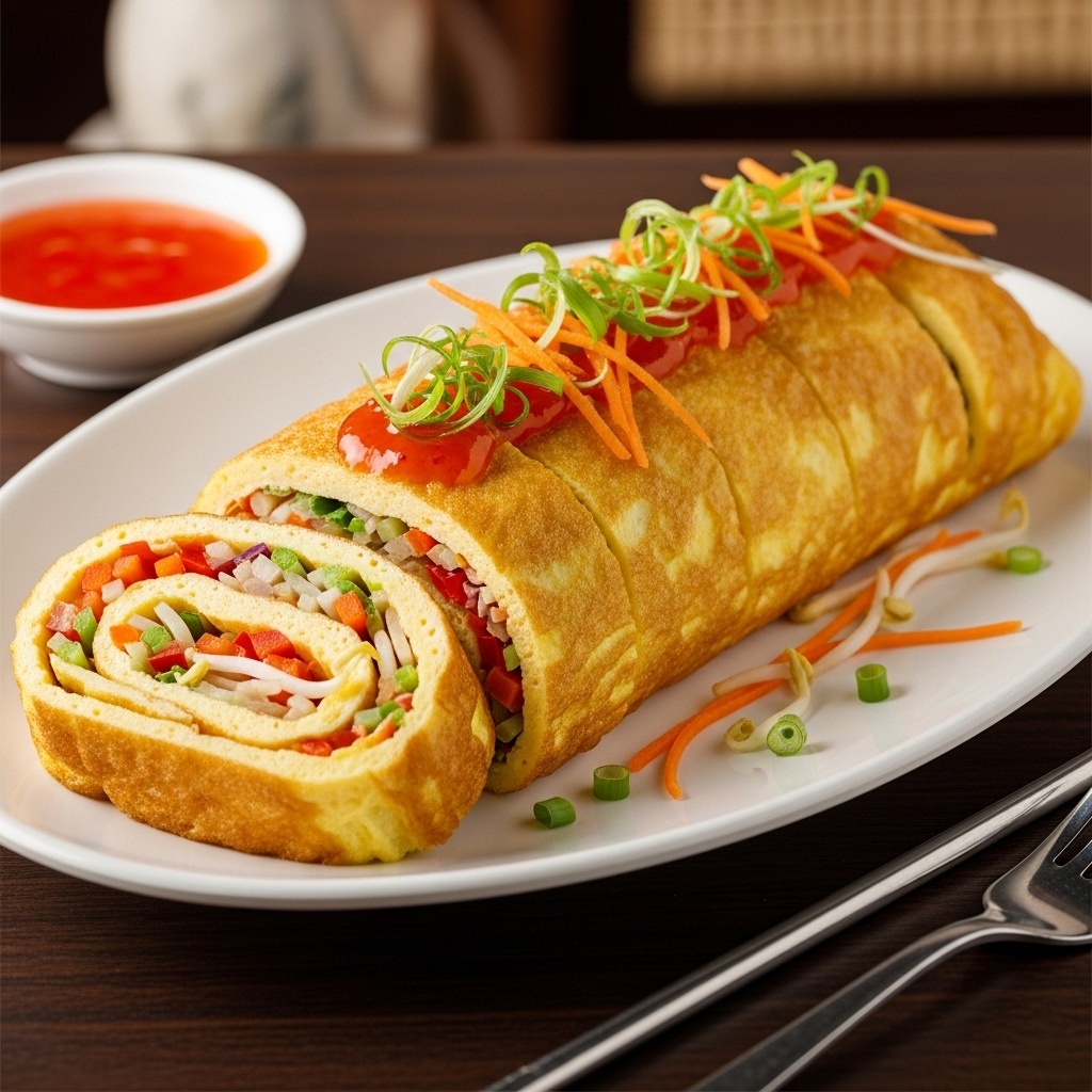 Telur dadar gulung yang diisi dengan sayuran segar, disajikan di atas piring.